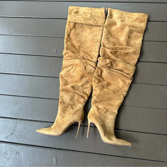 Amina Muaddi Jahleel Over the Knee Ruched Pointed Toe Stiletto Tan Suede Slouch - Picture 3 of 7